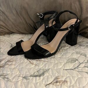Black Patent Leather Block Heel Sandals